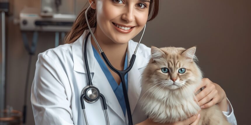 ভেটেরিনারিয়ান ডাক্তার বিড়াল পরীক্ষা করছেন A veterinarian checking a cat with a stethoscope