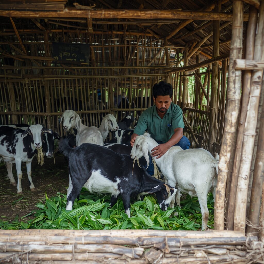 গ্রামীণ বাংলাদেশে কৃষক স্থানীয় ছাগলের যত্ন নিচ্ছেন ও সবুজ পাতা খাওয়াচ্ছেন