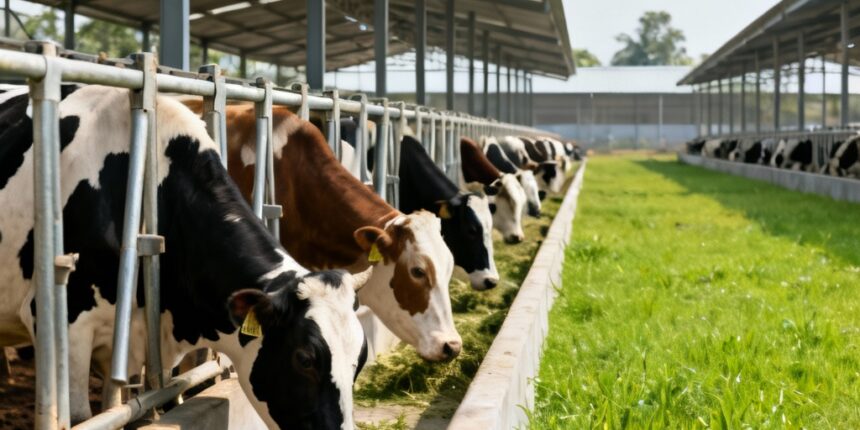 Bangladeshi dairy farm with healthy cows, green grass, clean cow shed, Holstein, Jersey, and Sahiwal breeds, dairy farming guide for beginners.