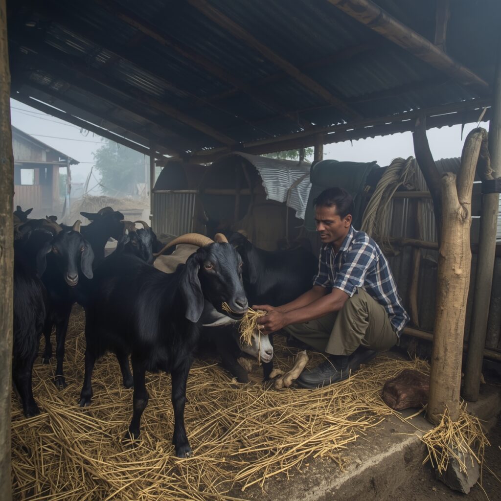 শীতকালে গ্রামবাংলার খামারে ছাগলের নিউমোনিয়া রোগে আক্রান্ত ছাগলের যত্ন নিচ্ছেন একজন কৃষক